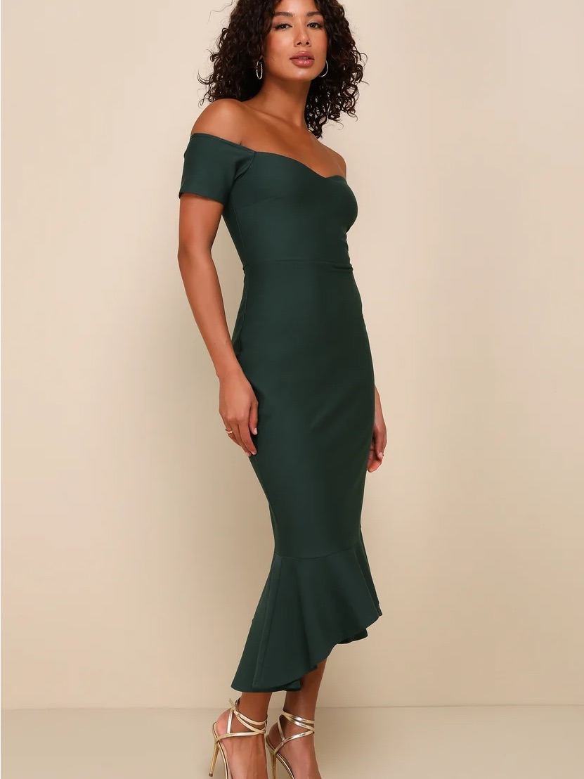 Lulus How Much I Care Dark Green Off-The-Shoulder Midi Dress